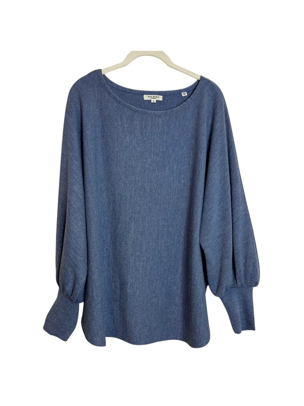 Max Studio London Womens Knit Top Balloon Sleeves 1X Blue Textured Knit